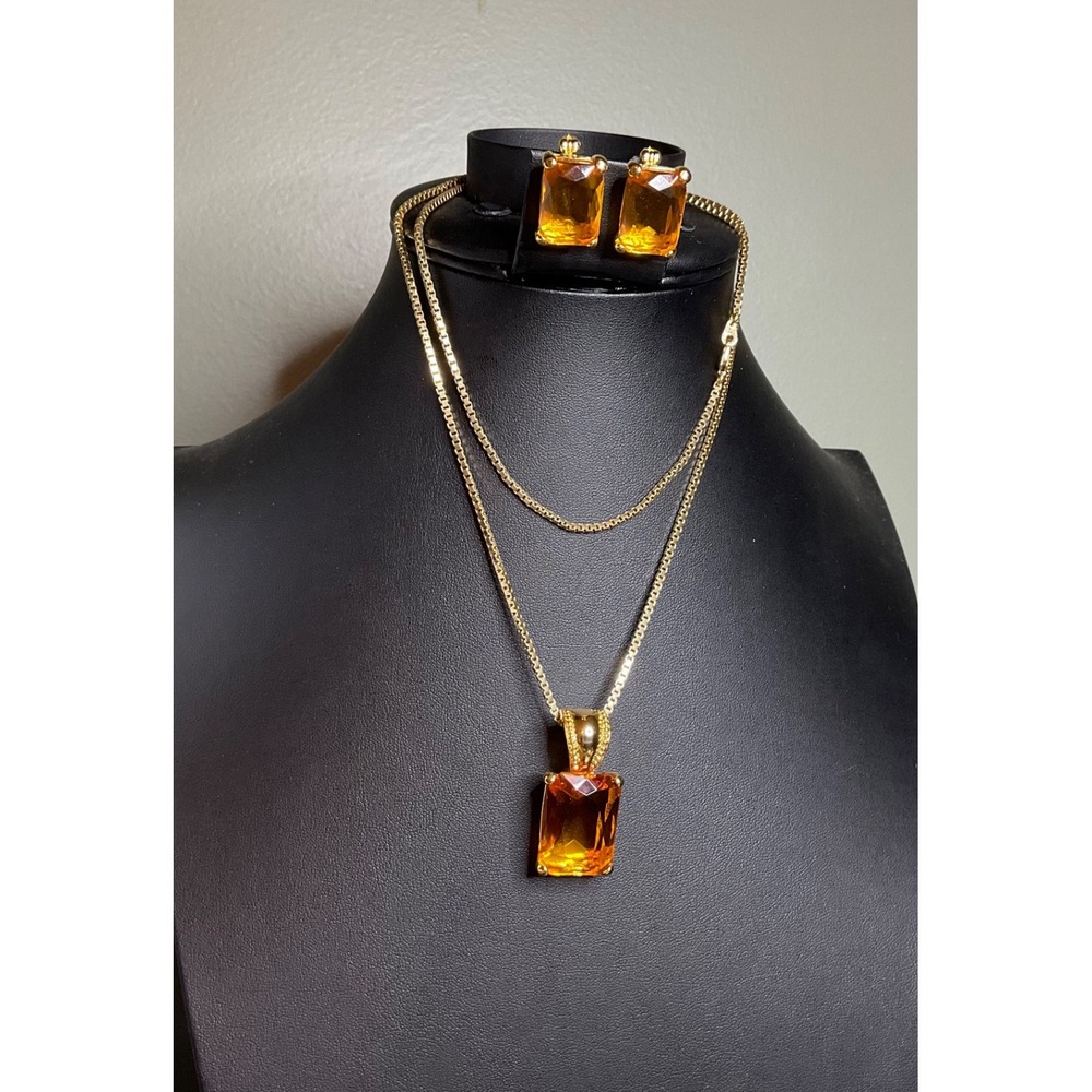 Vintage Joan Rivers Necklace & Clip Earrings Set, Faux Citrine Crystals 28"